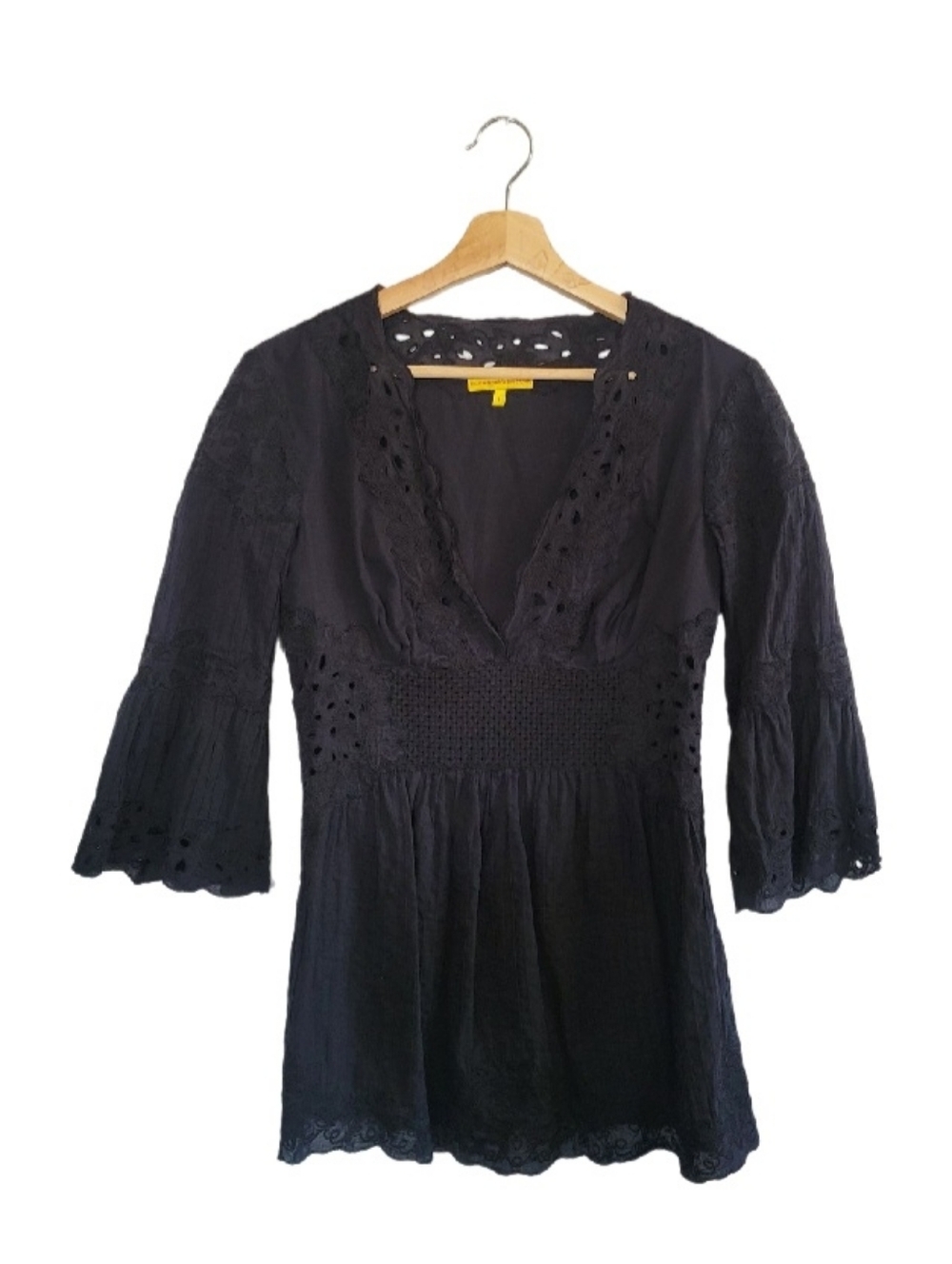 CATHERINE MALANDRINO Black Eyelet Lace Blouse Size 8 Boho Peasant Style